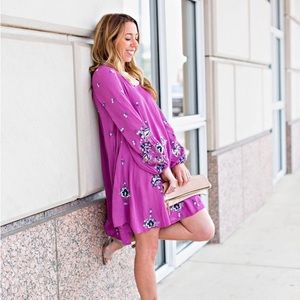 FREE PEOPLE Size Small (S) Pink Dress Oxford Embroidered Shift Dress flowy boho